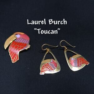 Laurel Burch Toucan Brooch Pendant Earrings Set Cloisonné
